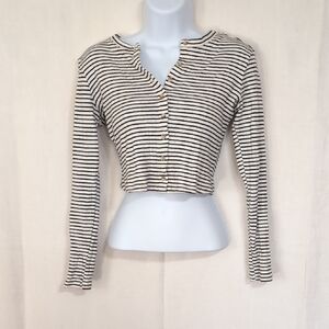 Just Polly White Black Striped Ribbed Cropped Long Sleeve Button Up Top Size Sm